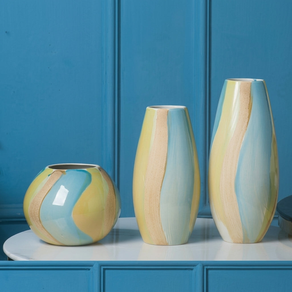 Pastel Macaron Color-Block Ceramic Tall Teardrop Vase, Yellow & Blue | Playful Modern Home Decor
