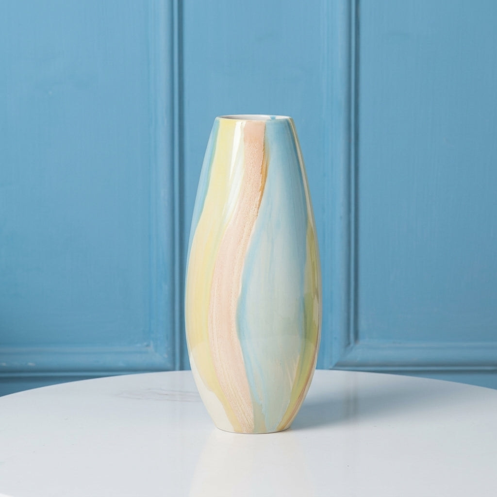 Pastel Macaron Color-Block Ceramic Tall Teardrop Vase, Yellow & Blue | Playful Modern Home Decor