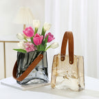Glass Basket Vase with Leather Handle | Small Handbag Flower Vase for Table Decor
