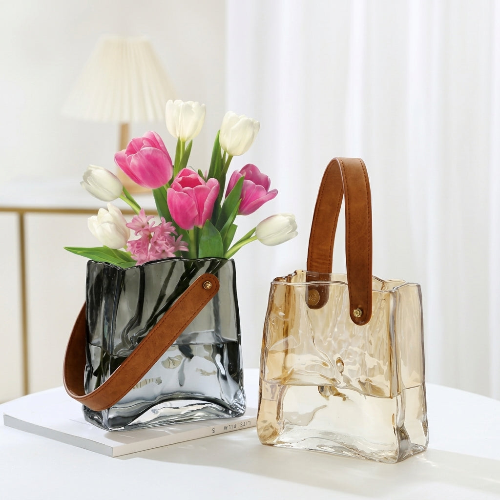 Glass Basket Vase with Leather Handle | Small Handbag Flower Vase for Table Decor
