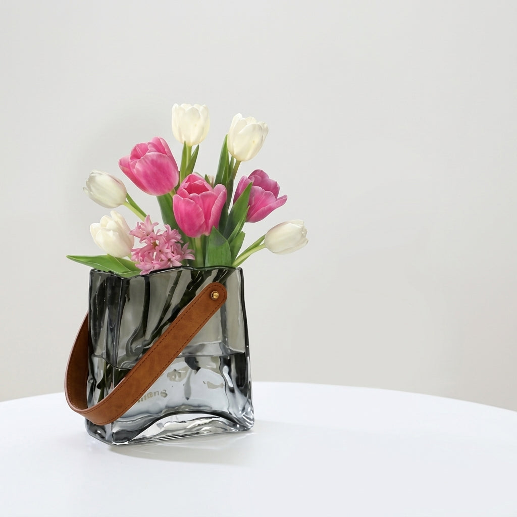 Glass Basket Vase with Leather Handle | Small Handbag Flower Vase for Table Decor