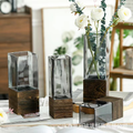 Smoky Gray Square Glass Vase with Solid Wood Base | Modern Wood & Glass Flower Vase