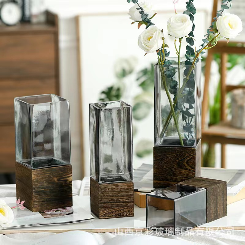 Smoky Gray Square Glass Vase with Solid Wood Base | Modern Wood & Glass Flower Vase