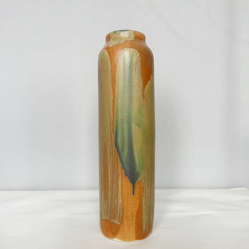 Artisan Amber & Green Glazed Ceramic Cylinder Vase