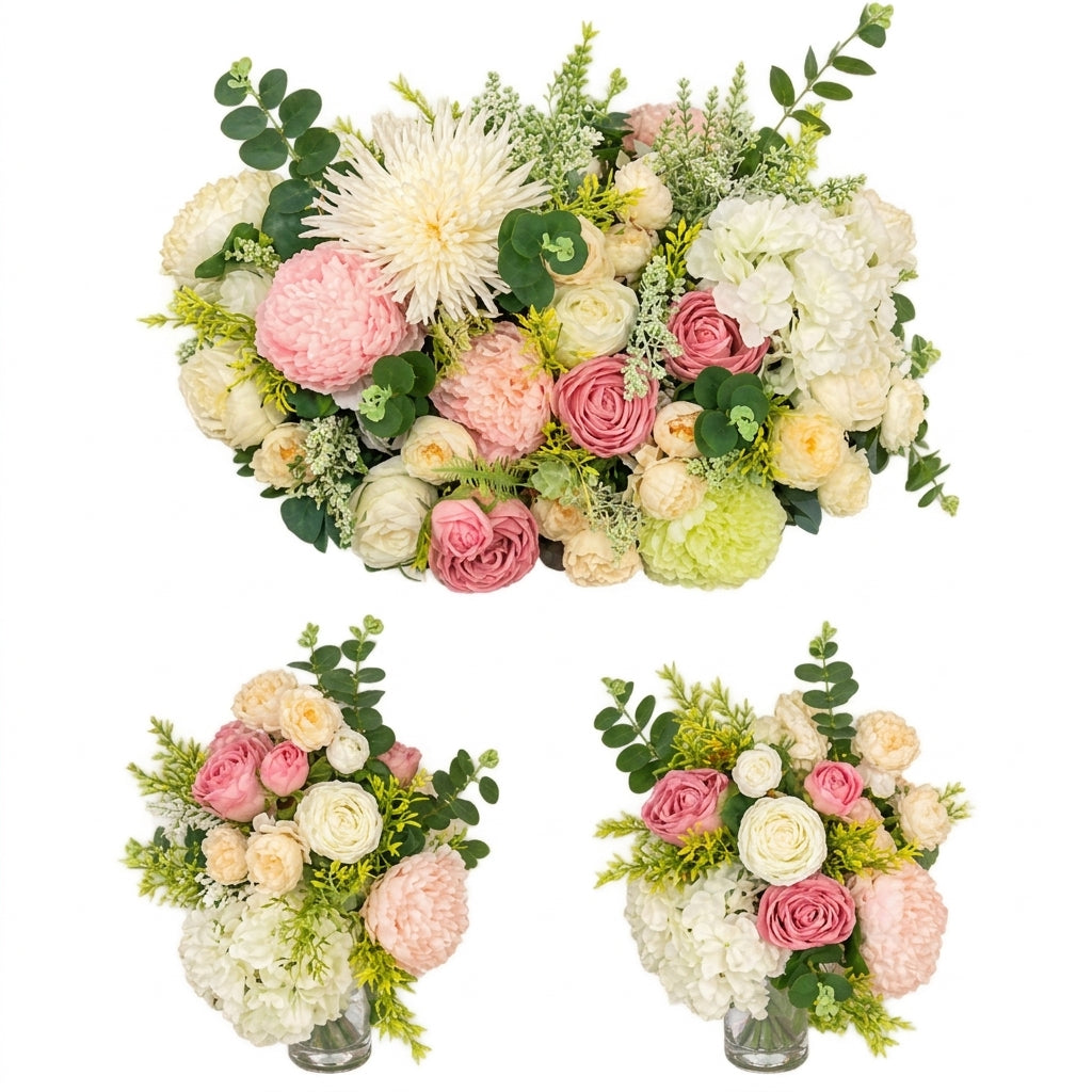 Artificial Cemetery Saddle Flowers with Matching Vase Bouquets, Pink & White Rose Memorial Arrangement for Headstones