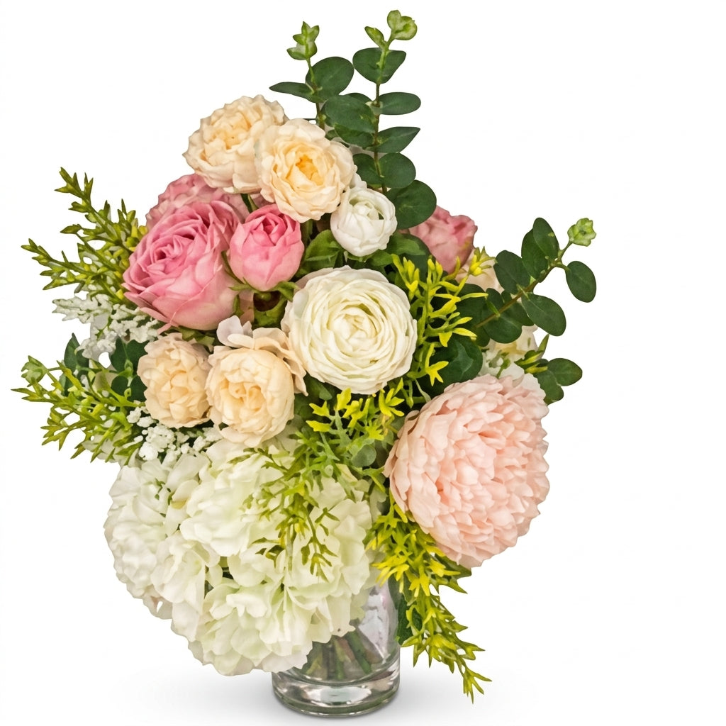 Artificial Cemetery Saddle Flowers with Matching Vase Bouquets, Pink & White Rose Memorial Arrangement for Headstones
