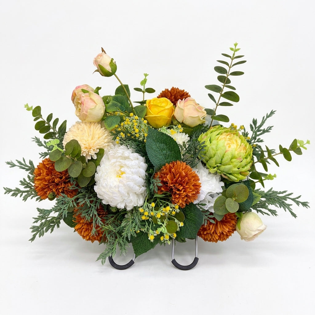 Fall Cemetery Saddle Flowers with Metal Bracket, Artificial Rust Chrysanthemum & Rose Memorial Headstone Arrangement