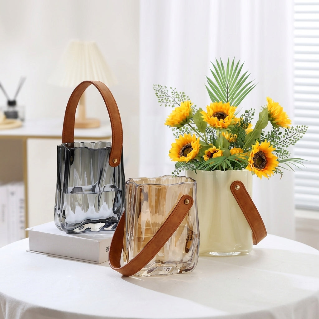 Wave Textured Glass Handbag Vase with Leather Handle | Modern Decorative Flower Vase