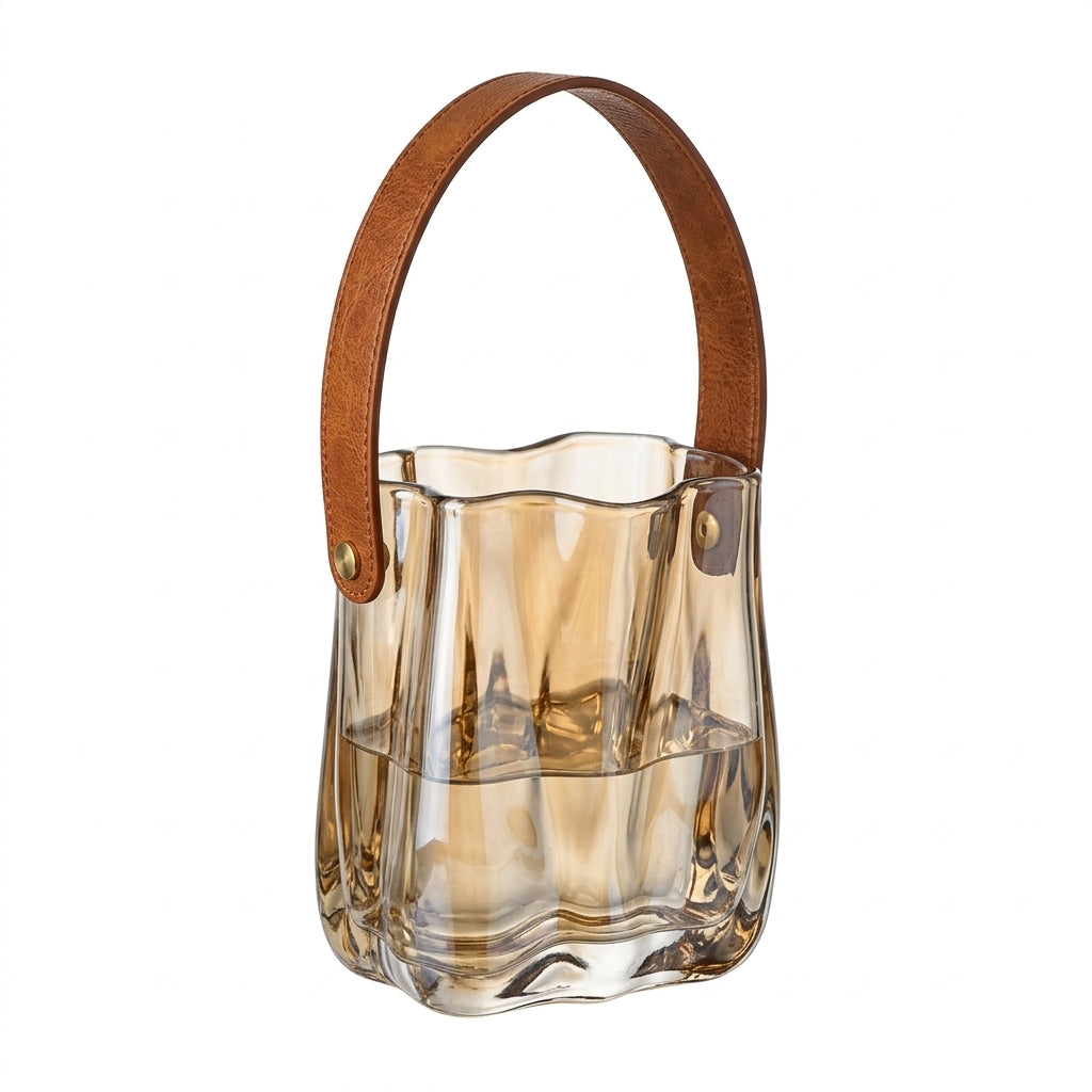 Wave Textured Glass Handbag Vase with Leather Handle | Modern Decorative Flower Vase