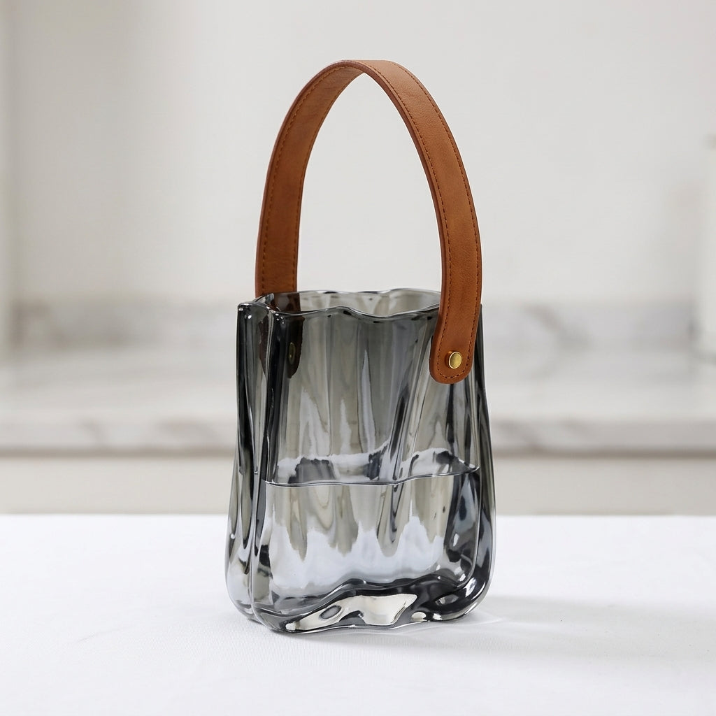 Wave Textured Glass Handbag Vase with Leather Handle | Modern Decorative Flower Vase