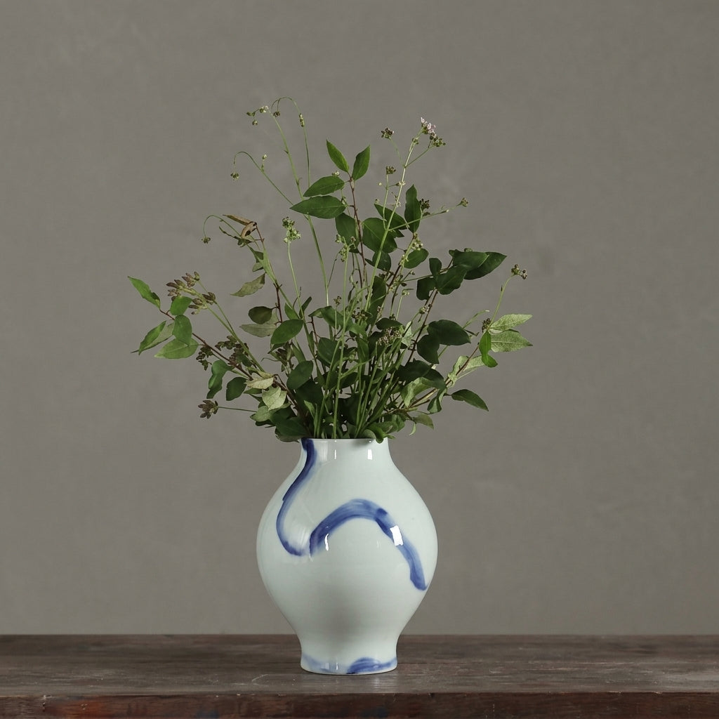 White Ceramic Compact Urn Vase with Hand-Painted Cobalt Blue Swirl, Modern Minimalist | Decorative Flower Vase
