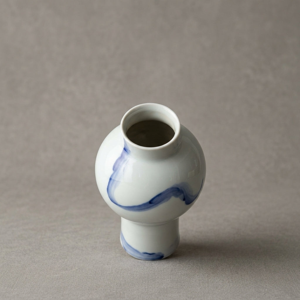 White Ceramic Compact Urn Vase with Hand-Painted Cobalt Blue Swirl, Modern Minimalist | Decorative Flower Vase