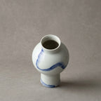 White Ceramic Compact Urn Vase with Hand-Painted Cobalt Blue Swirl, Modern Minimalist | Decorative Flower Vase