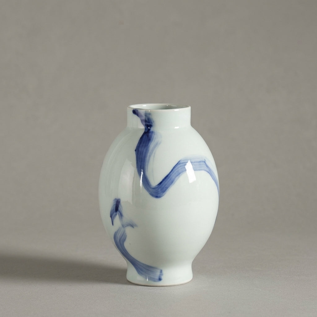 White Ceramic Compact Urn Vase with Hand-Painted Cobalt Blue Swirl, Modern Minimalist | Decorative Flower Vase
