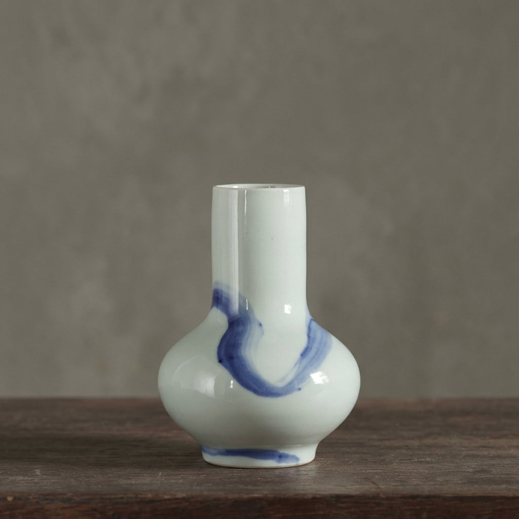 White Ceramic Compact Urn Vase with Hand-Painted Cobalt Blue Swirl, Modern Minimalist | Decorative Flower Vase