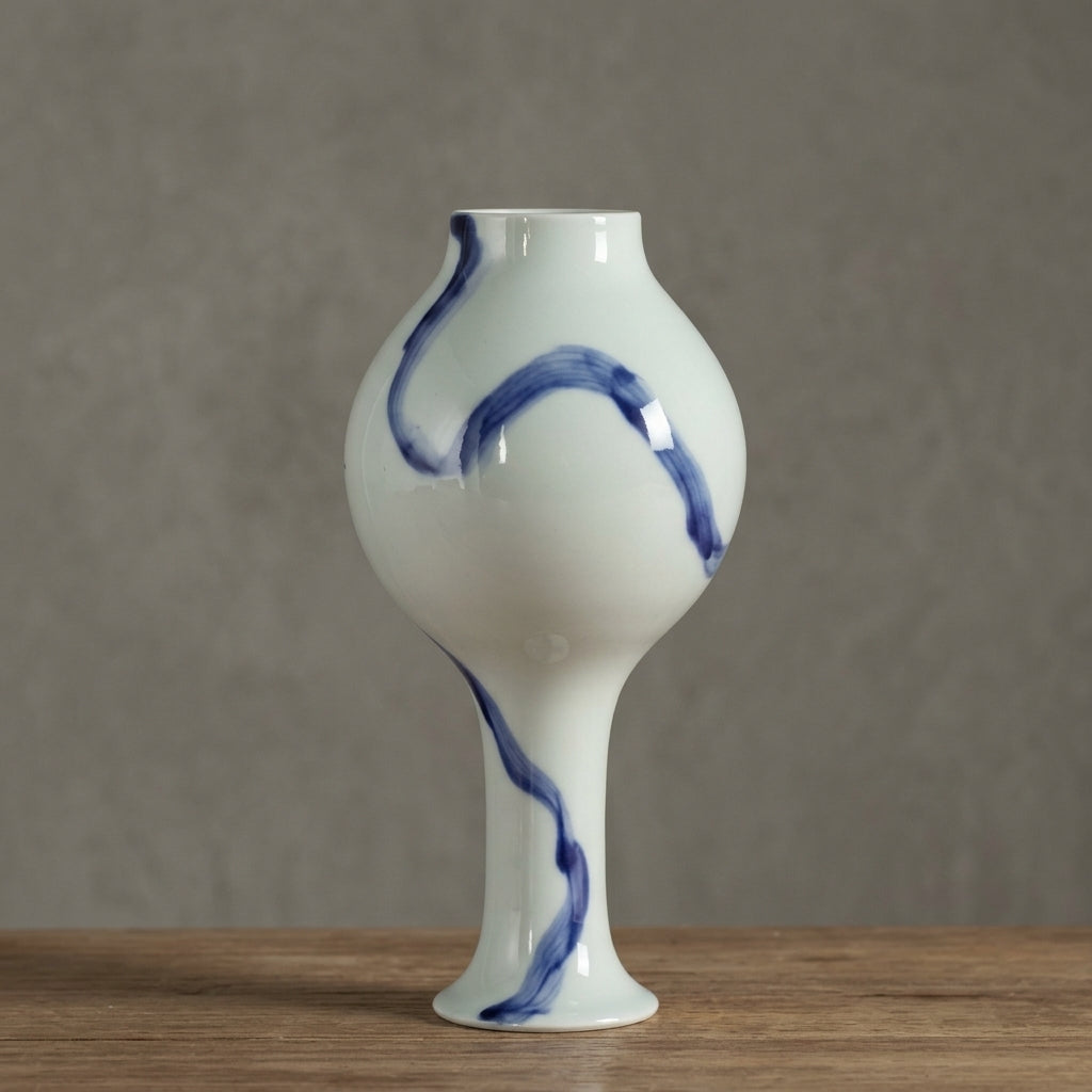 White Ceramic Compact Urn Vase with Hand-Painted Cobalt Blue Swirl, Modern Minimalist | Decorative Flower Vase