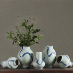 White Ceramic Compact Urn Vase with Hand-Painted Cobalt Blue Swirl, Modern Minimalist | Decorative Flower Vase