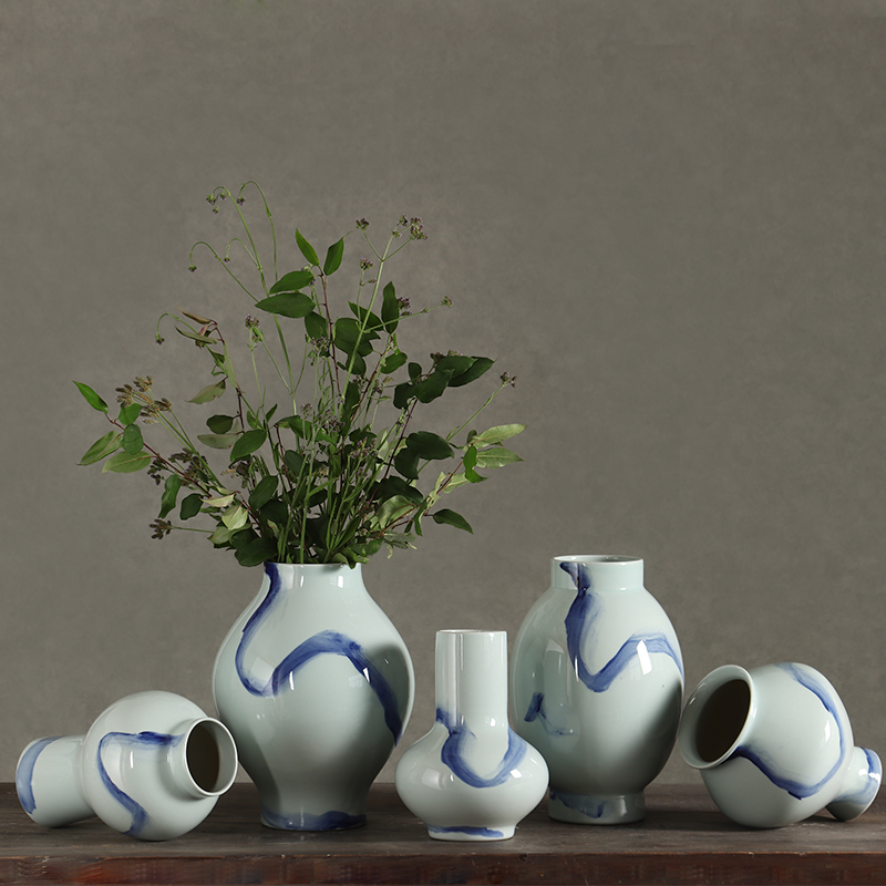 White Ceramic Compact Urn Vase with Hand-Painted Cobalt Blue Swirl, Modern Minimalist | Decorative Flower Vase