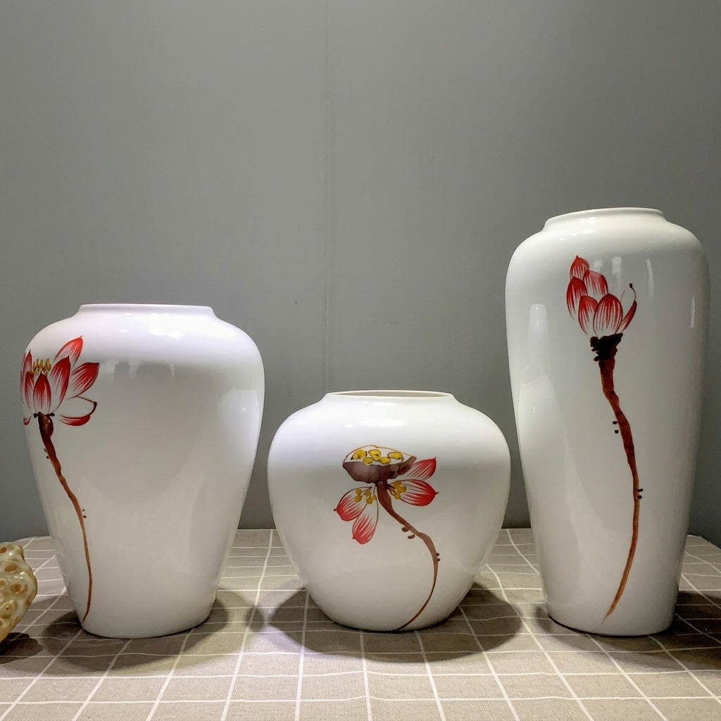 White Ceramic Tall Baluster Vase with Hand-Painted Red Lotus, Oriental Elegance | Decorative Flower Vase for Home Decor