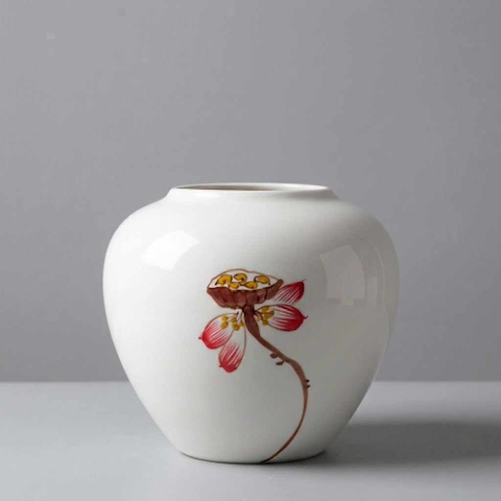 White Ceramic Tall Baluster Vase with Hand-Painted Red Lotus, Oriental Elegance | Decorative Flower Vase for Home Decor