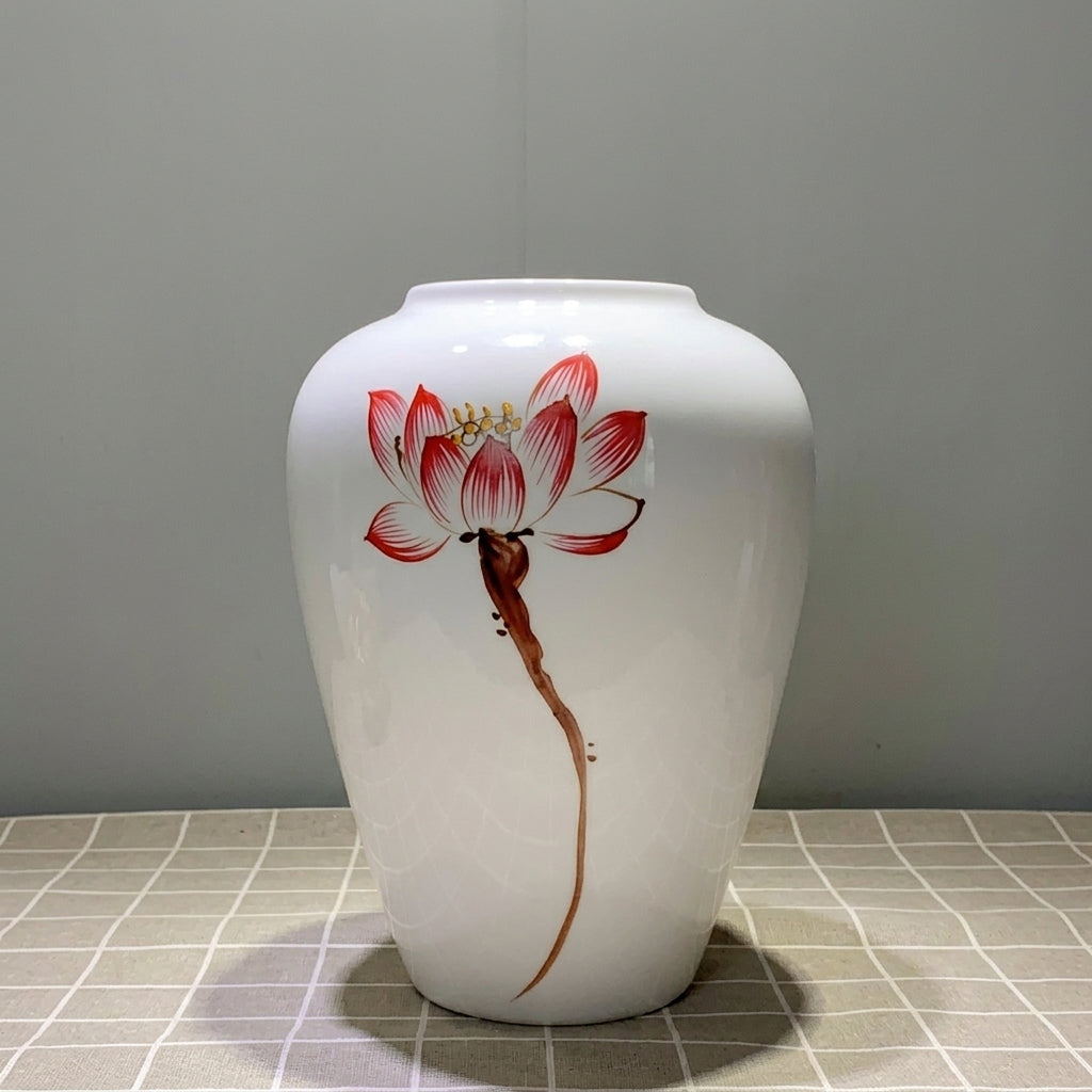 White Ceramic Tall Baluster Vase with Hand-Painted Red Lotus, Oriental Elegance | Decorative Flower Vase for Home Decor