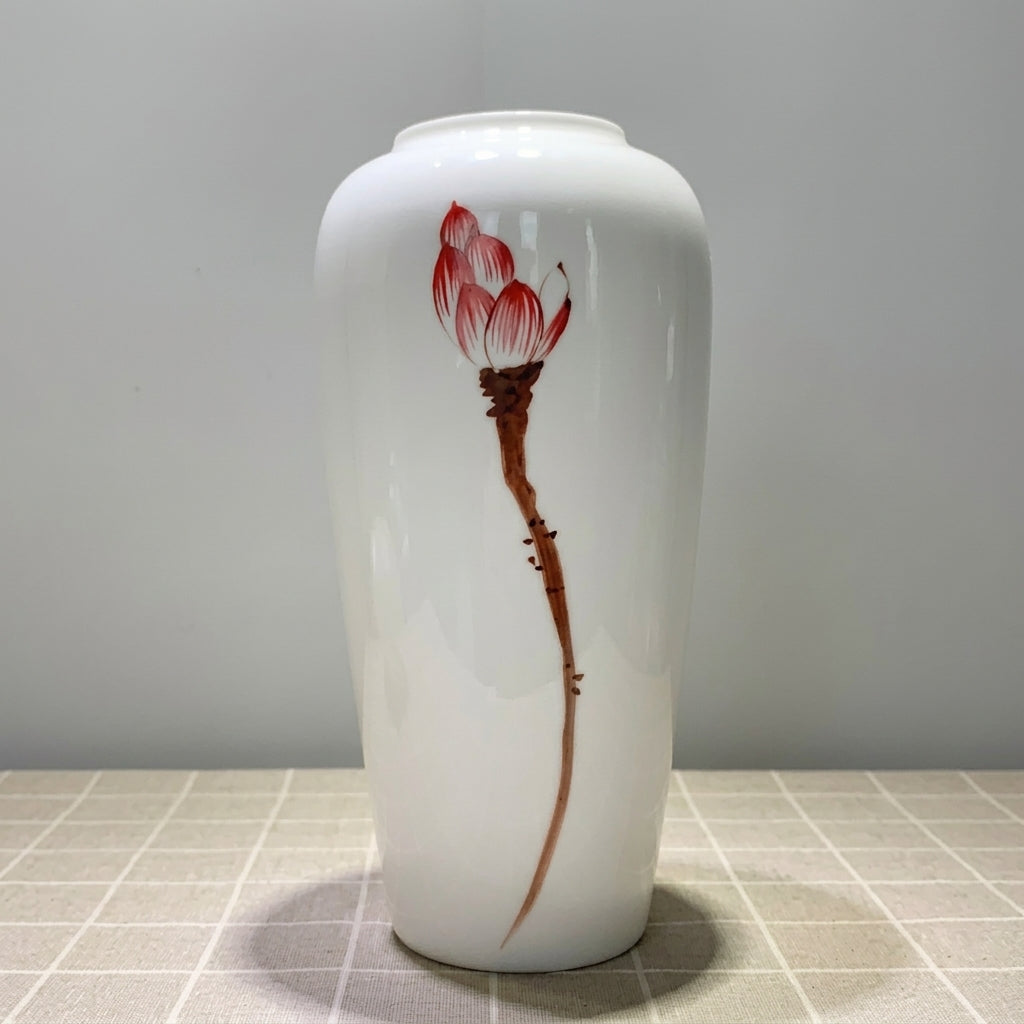 White Ceramic Tall Baluster Vase with Hand-Painted Red Lotus, Oriental Elegance | Decorative Flower Vase for Home Decor