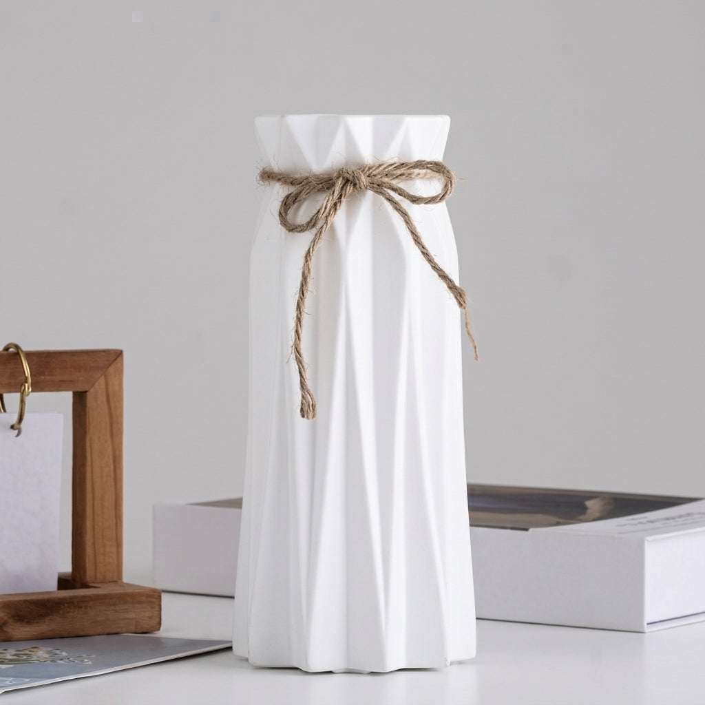 White Origami Pleated Plastic Vase with Jute Bow | Lightweight Shatterproof Flower Vase