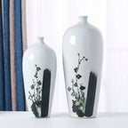 White Porcelain Tall Slender Vase with Hand-Painted Ink Plum Blossom | Chinese Painting Style Home Decor