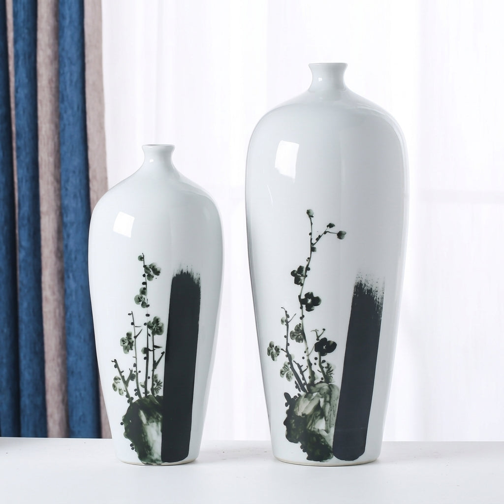 White Porcelain Tall Slender Vase with Hand-Painted Ink Plum Blossom | Chinese Painting Style Home Decor