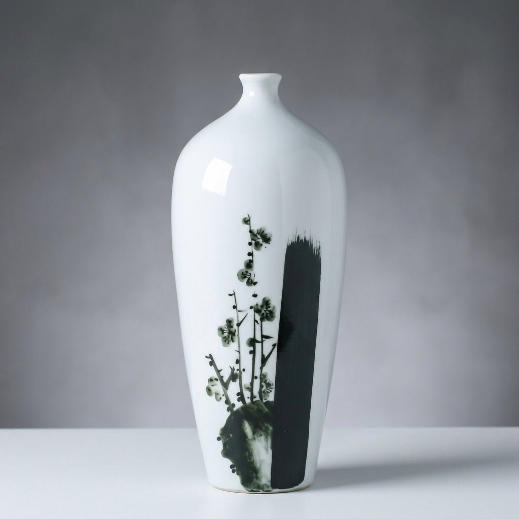 White Porcelain Tall Slender Vase with Hand-Painted Ink Plum Blossom | Chinese Painting Style Home Decor