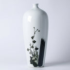 White Porcelain Tall Slender Vase with Hand-Painted Ink Plum Blossom | Chinese Painting Style Home Decor