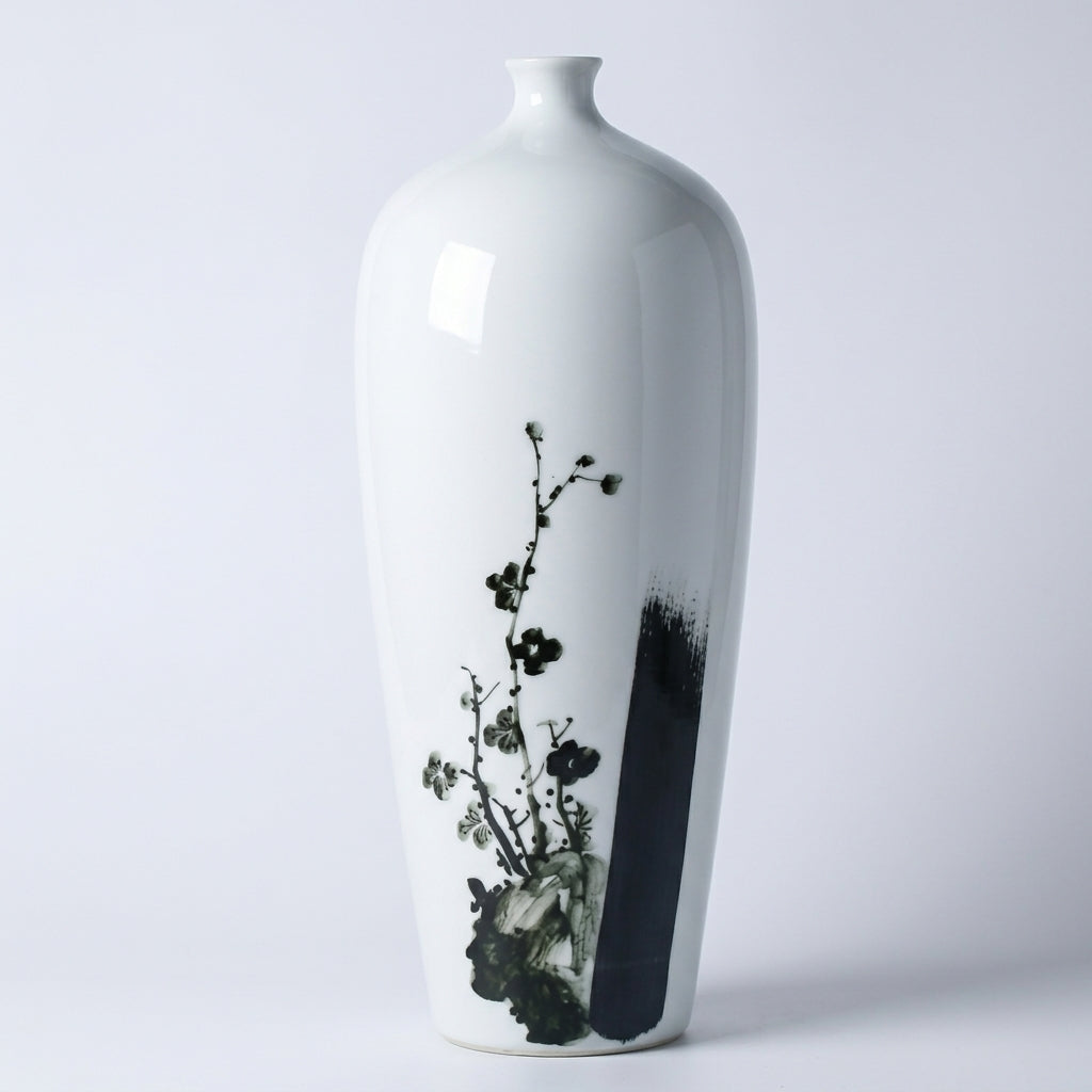 White Porcelain Tall Slender Vase with Hand-Painted Ink Plum Blossom | Chinese Painting Style Home Decor