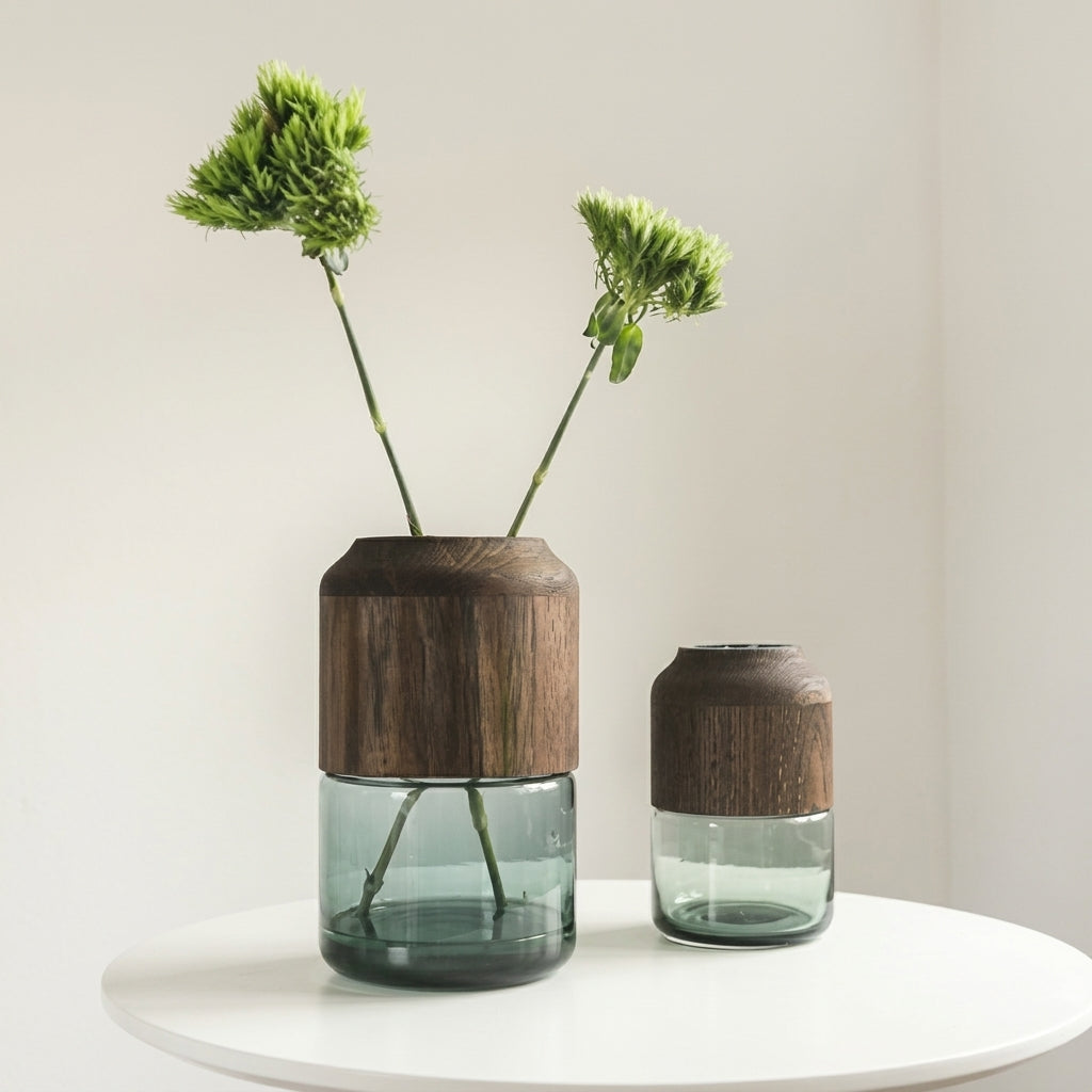 Wood & Glass Cylindrical Vase, Walnut-Finish Sleeve | Natural Modern Flower Vase