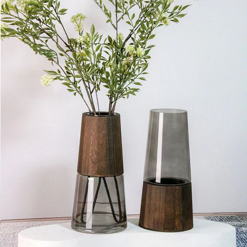 Wood & Glass Cylindrical Vase, Walnut-Finish Sleeve | Natural Modern Flower Vase
