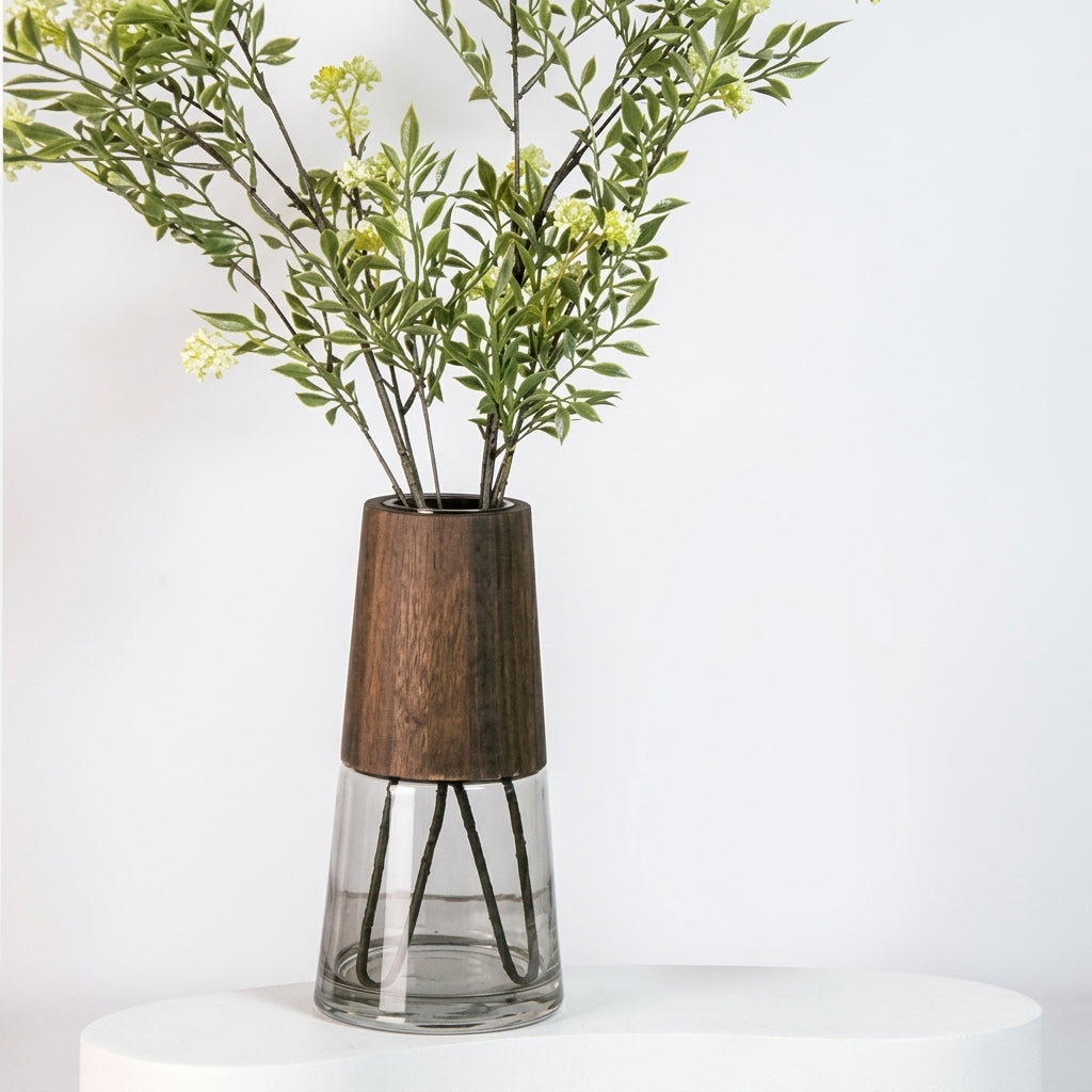 Wood & Glass Cylindrical Vase, Walnut-Finish Sleeve | Natural Modern Flower Vase