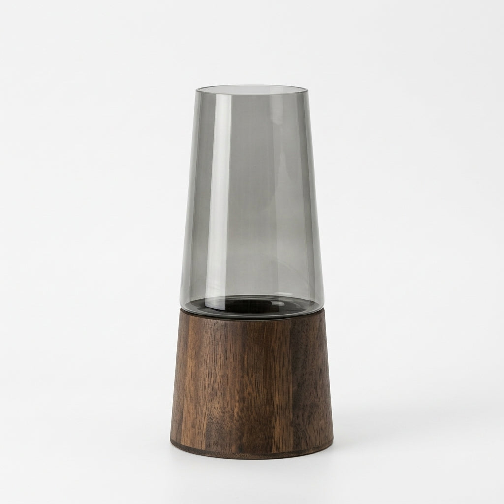 Wood & Glass Cylindrical Vase, Walnut-Finish Sleeve | Natural Modern Flower Vase