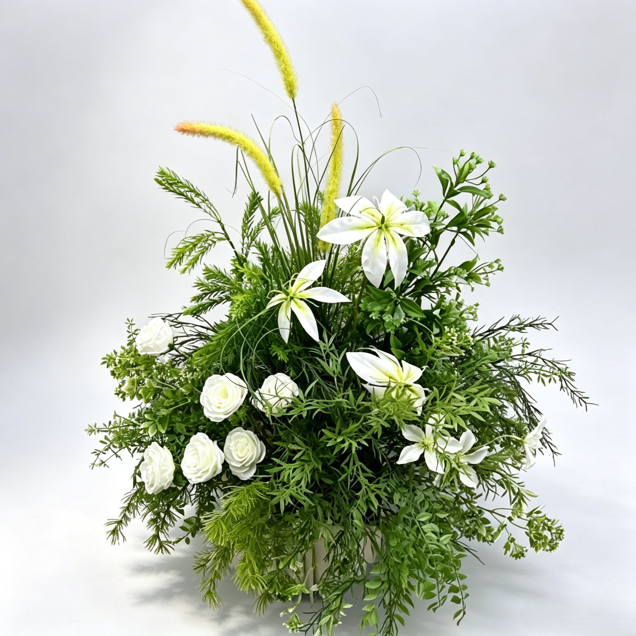 Natural Greenery White Rose Foxtail Grass Floral Arrangement Wedding Aisle Road Lead Flower Decor