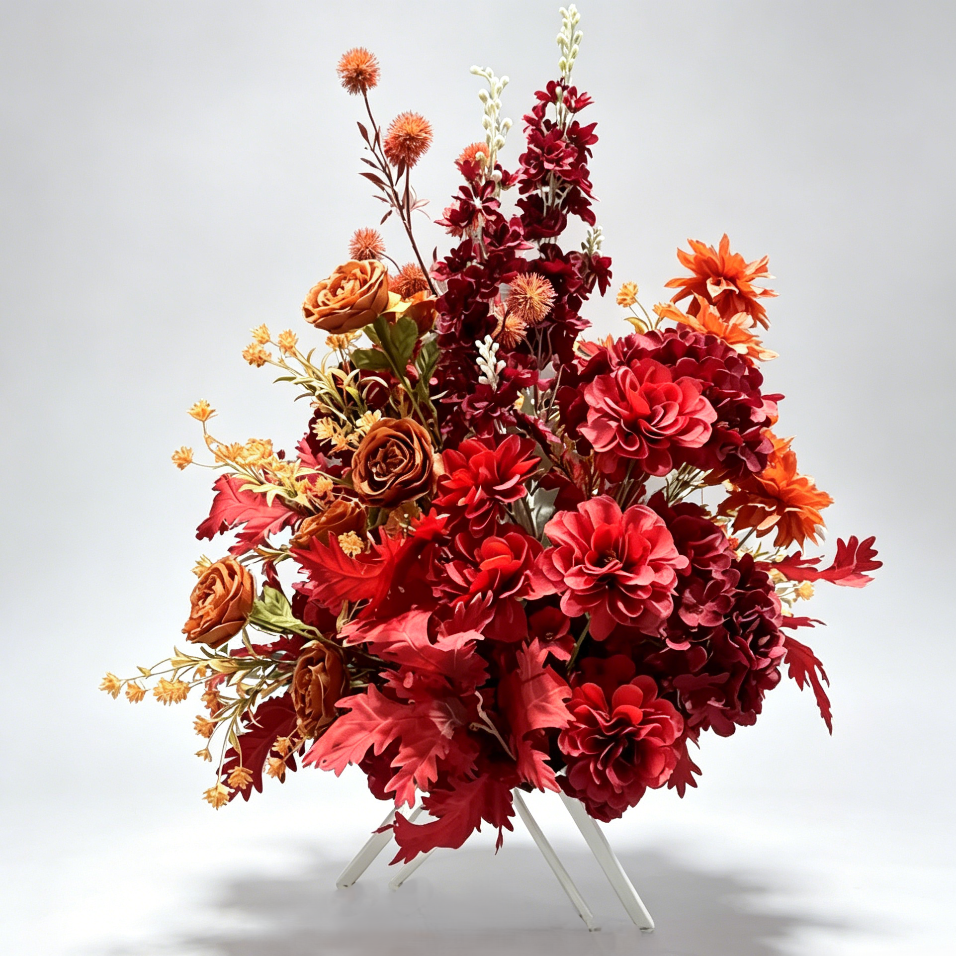 Autumn Burgundy Orange Rose Floral Arrangement Wedding Aisle Road Lead Flower Ceremony Decor