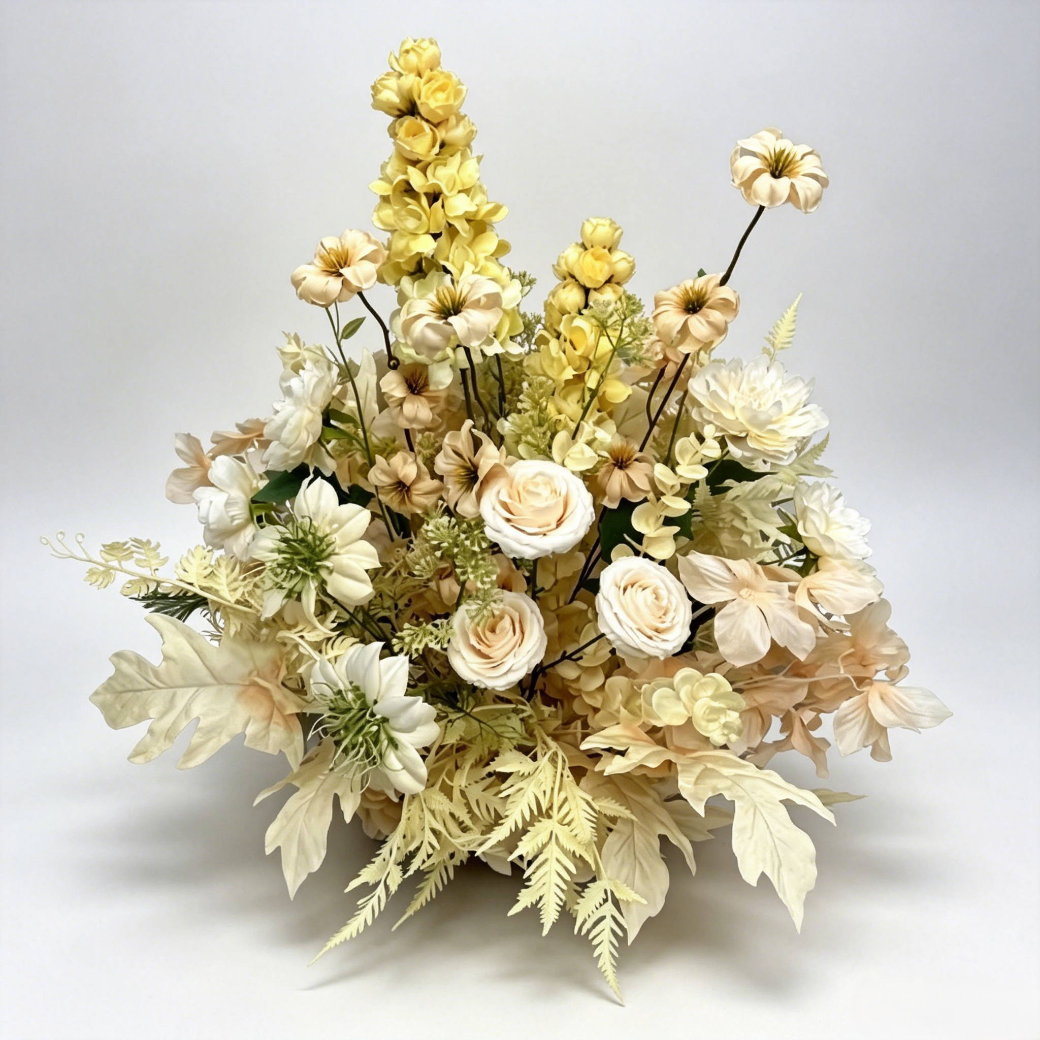 Cream Champagne White Rose Delphinium Floral Arrangement Wedding Aisle Road Lead Flower Ceremony Decor