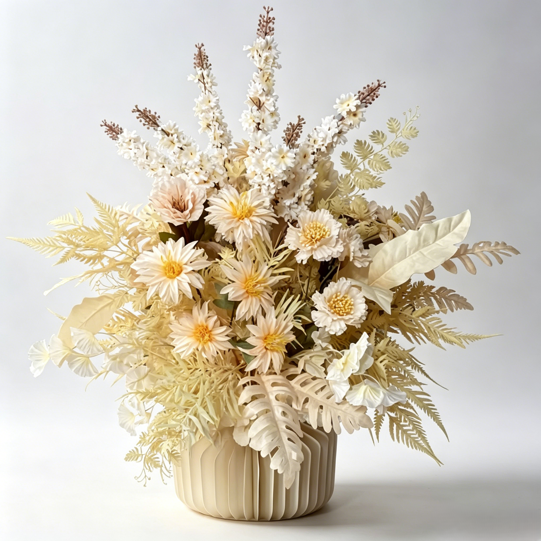 Cream Ivory White Daisy Delphinium Floral Arrangement Wedding Aisle Road Lead Flower Ceremony Decor