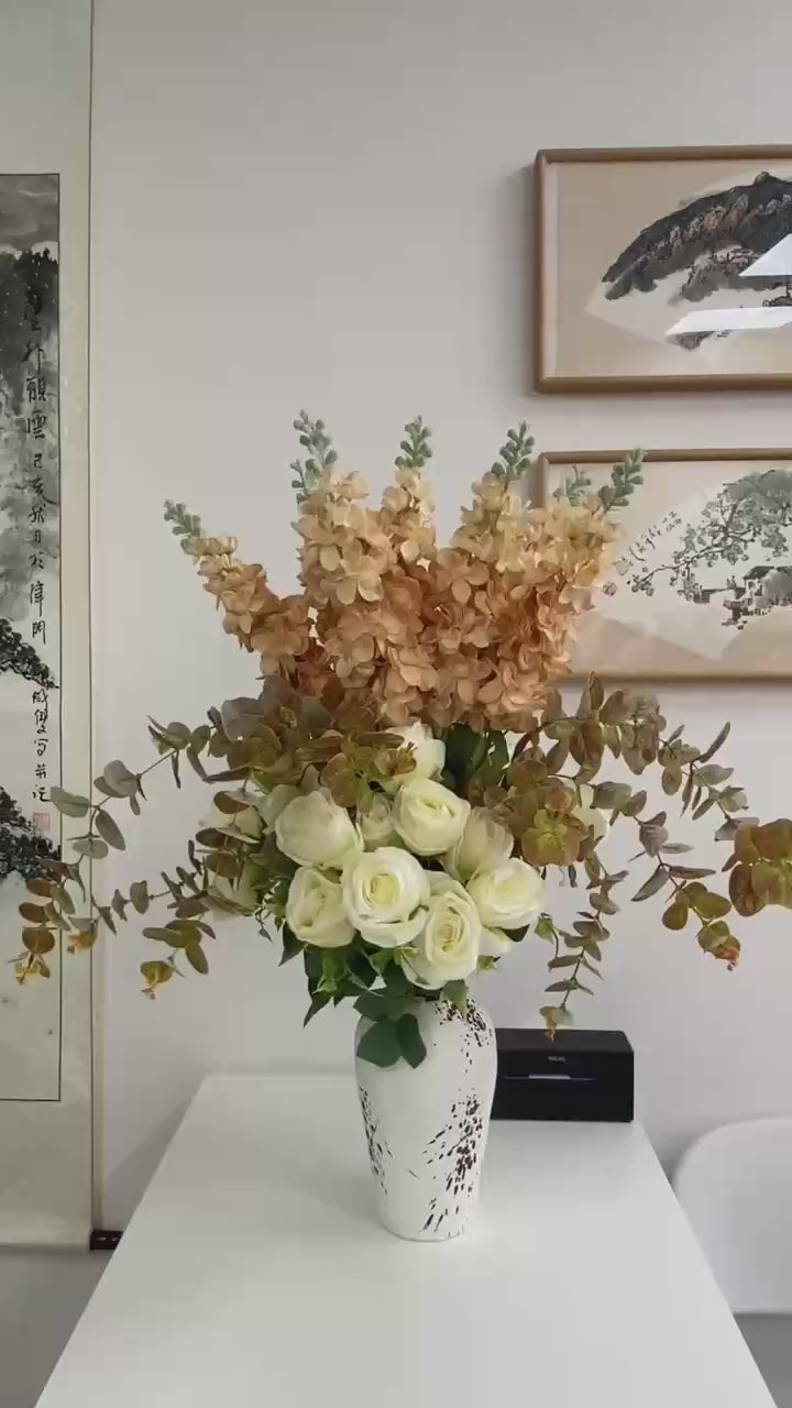 Artificial Champagne Hydrangea & White Rose Bouquet with Eucalyptus