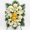 Standing Funeral Wreath with 'Beloved Sister' Ribbon, Artificial White Hydrangea & Blue Rose Sympathy Wreath on Easel