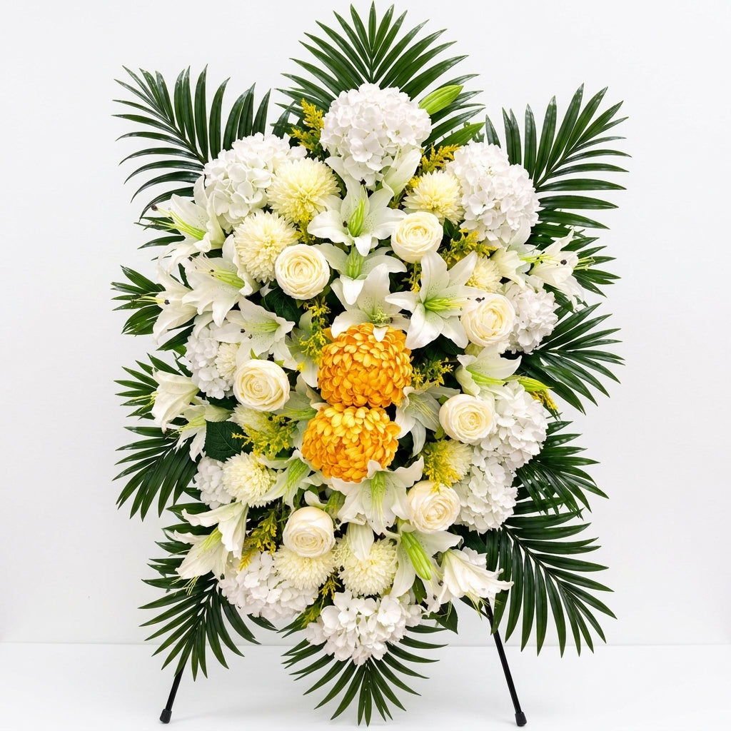 Standing Funeral Wreath with 'Beloved Sister' Ribbon, Artificial White Hydrangea & Blue Rose Sympathy Wreath on Easel