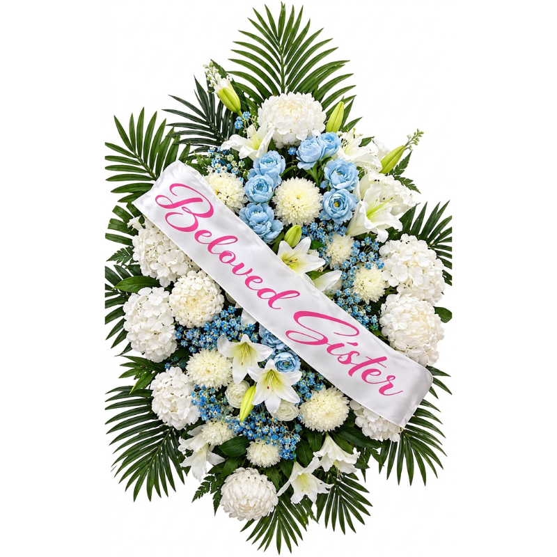 Standing Memorial Wreath, Artificial White Lily & Hydrangea Funeral Wreath with Golden Marigold Accent on Easel